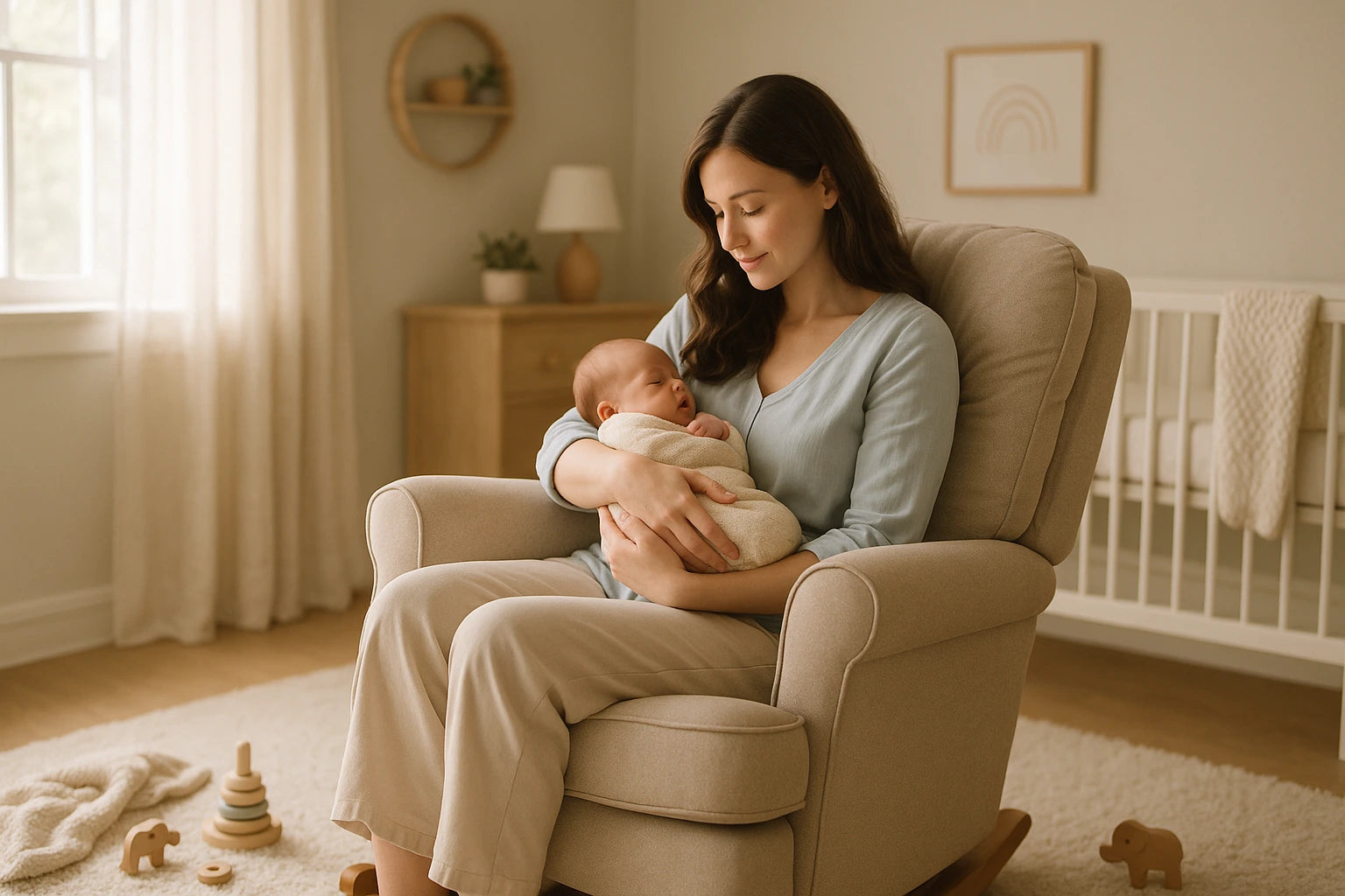 Eine gemütliche Kinderzimmerszene mit einer Mutter und ihrem Baby in einem Schaukelstuhl