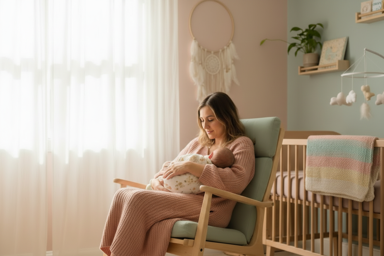 Mutter und Baby in Stillstuhl im Kinderzimmer